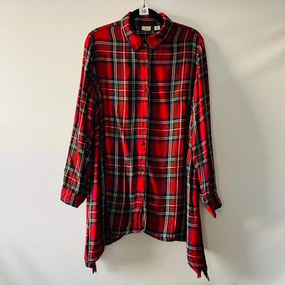 Westbound Womens Red Plaid Print Asymmetric Hem Flannel Button Up Shirt Size 1X